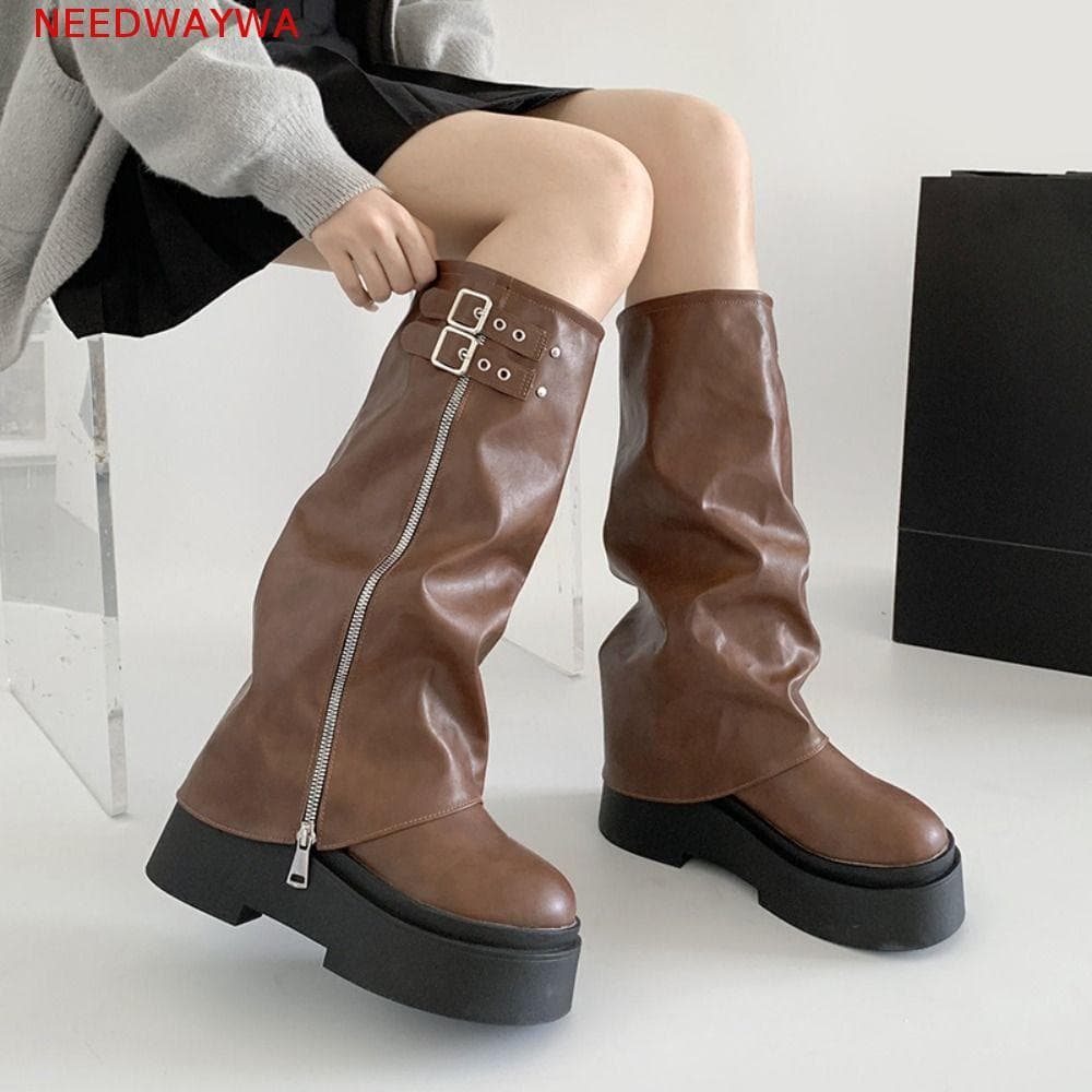 NEEDWAYWA Botas Femininas De Motociclista , Altas Até O Joelho Com Fivela De Cinto Punk Y2K Longas Estilo Rua