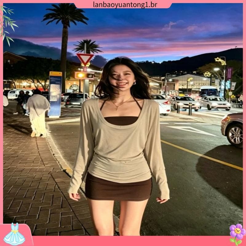 Verão quente menina usar um conjunto completo exclusivo linda camiseta de manga comprida com vestido suspensor terno peq