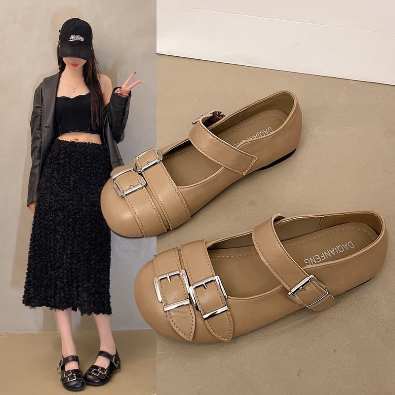 2 cores Mary Jane sapatos francês Retro dedo do pé redondo sapatos planos primavera All-Match fivela plana A9IT