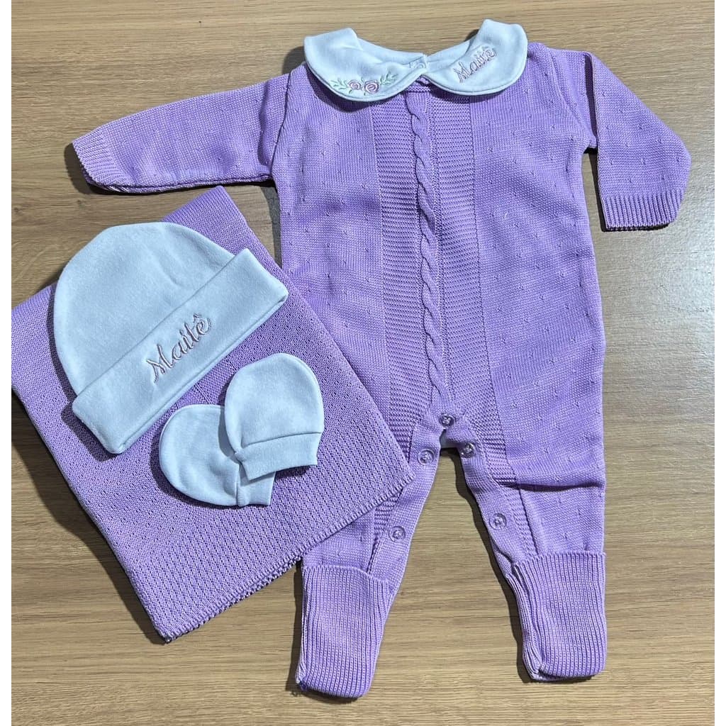 saída maternidade conjunto tricot 4 peças personalizado bebê menina