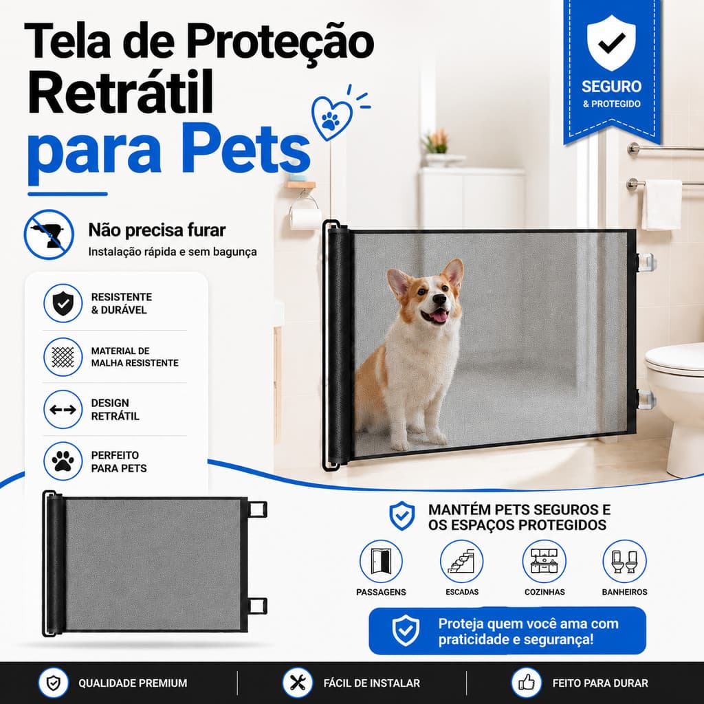 Tela Barreira Retrátil para Cachorro Gato e Bebê Portão de Proteção Ajustável Sem Furos Segurança Pet