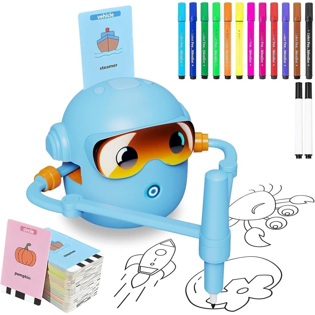 Robô de Desenho para Crianças, com 100 Cartões de Palavras, 12 Canetas Coloridas, Máquina de Desenho Educacional Interat