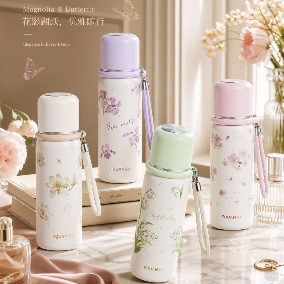 @Fuquan Série Floral Fan Yuan Copo Térmico Portátil com Estampa Floral Copo de Água em Aço Inoxidável de Alto Valor Esté