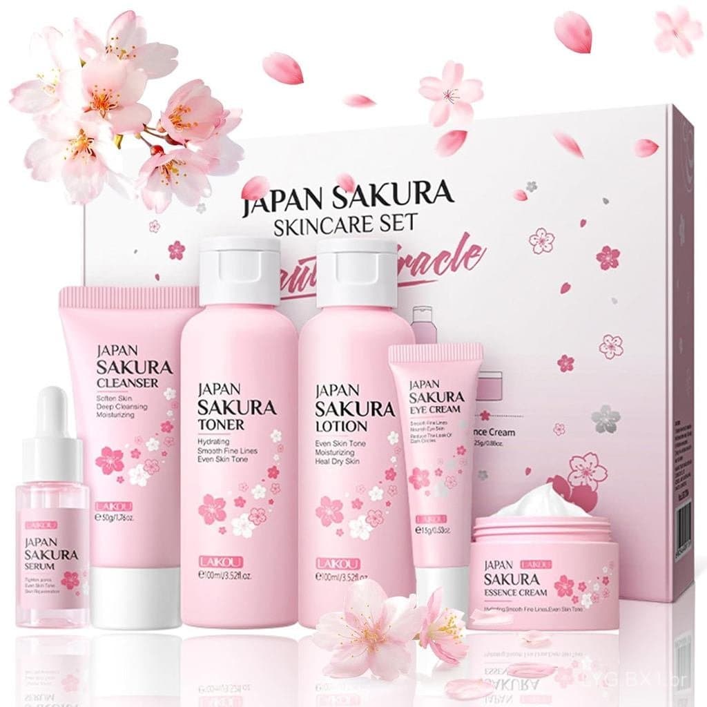 Conjunto de 6 Peças para Cuidados com a Pele JAPAN SAKURA, Kit de Beleza para Mulheres com Limpador, Tônico, Sérum, Crem
