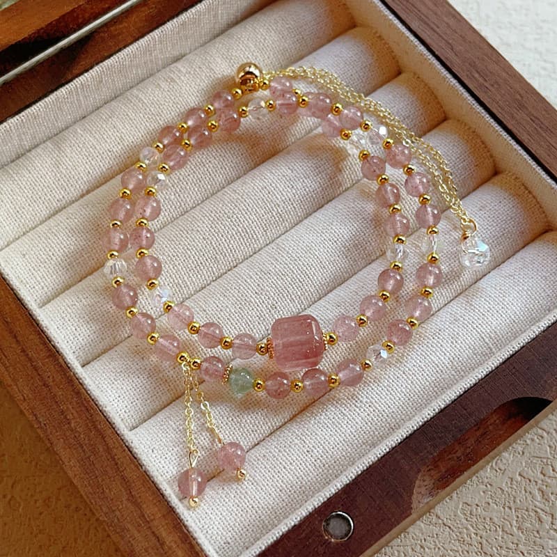 Pulseira Feminina De Quartzo De Morango Com Laço Duplo , Elegante De Cristal De Açúcar Em Cubo De Luxo , Presente De Joi