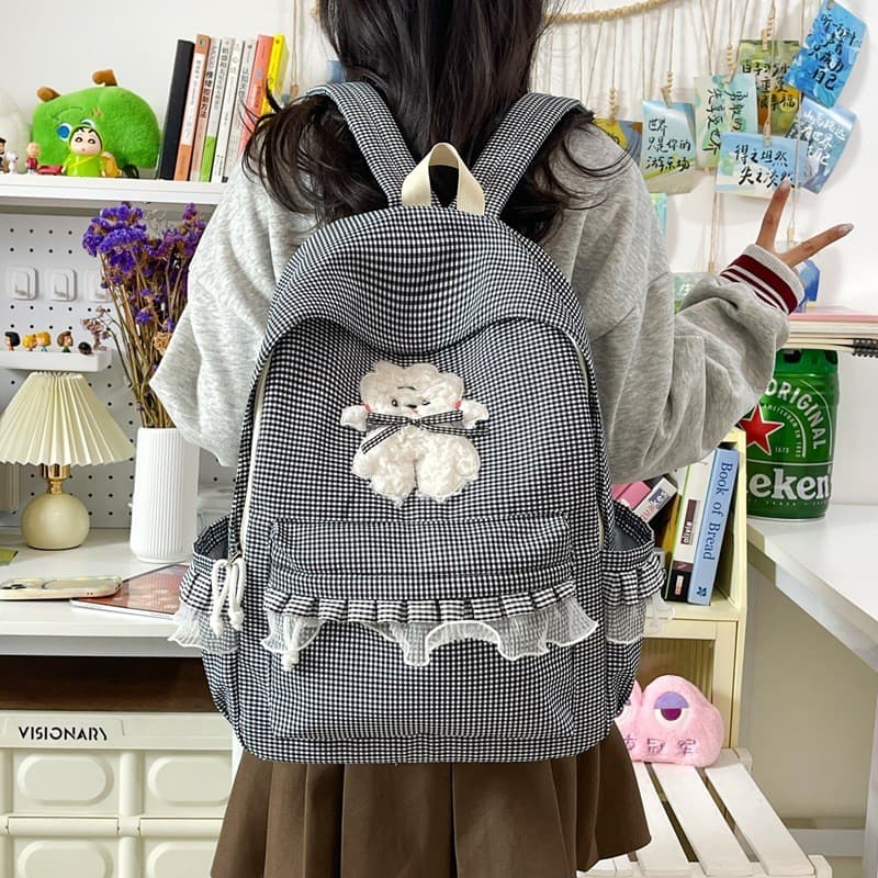 Pequena borda de renda fresca mochila feminina estudantes do ensino fundamental dos desenhos animados xadrez All-Match m