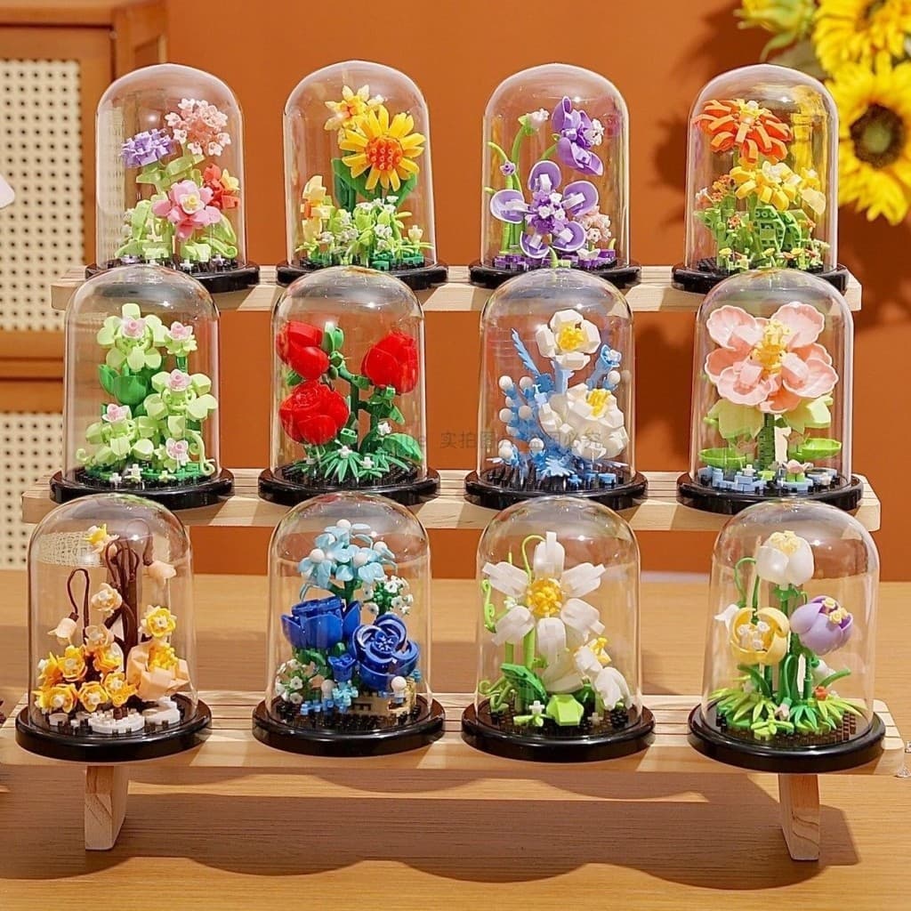 [Venda quente] Simulação de flores preservadas Blocos de construção de buquê de plantas em vasos Cobertura Anti-poeira B