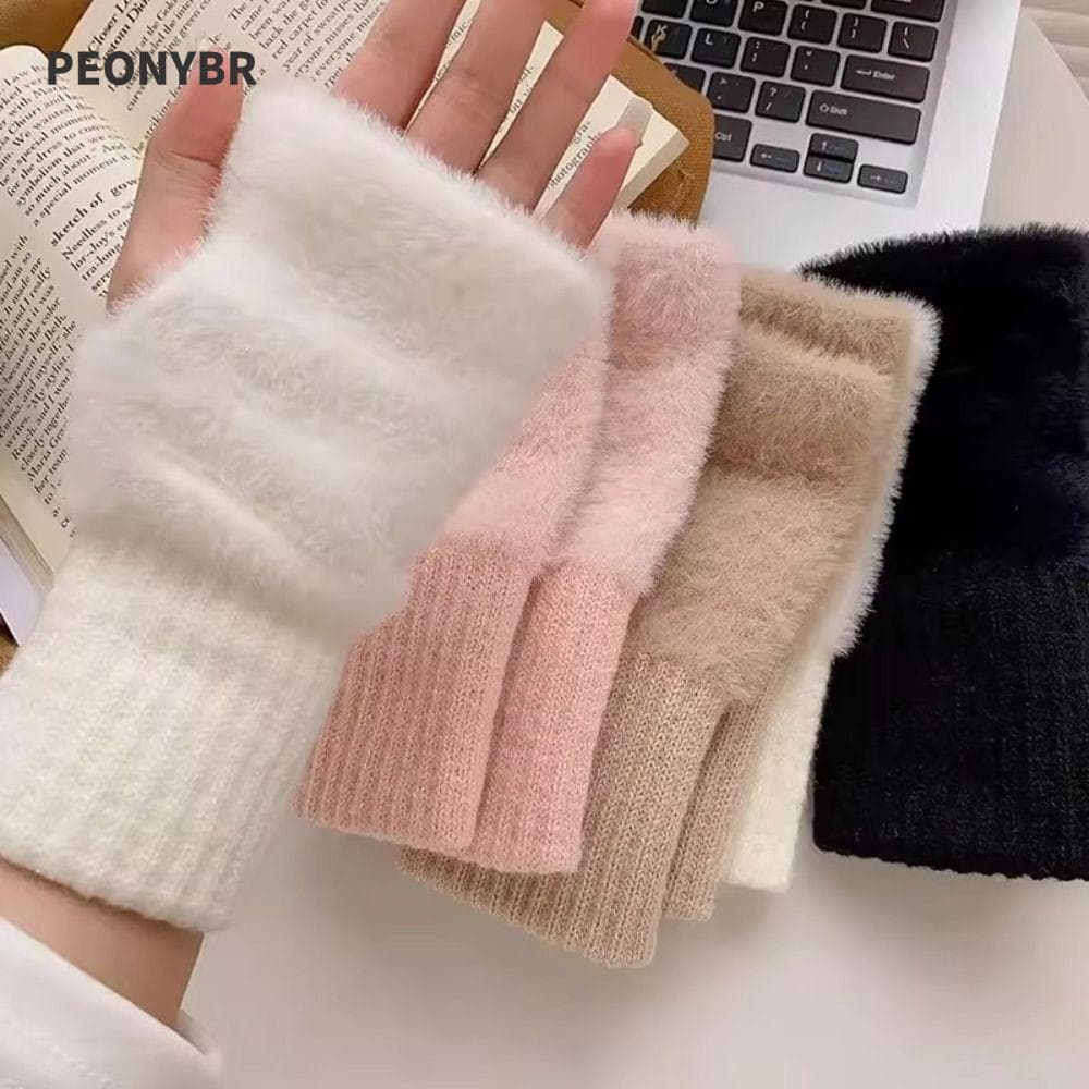 PEONYHOME Luvas De Meio Dedo , Malha De Pelúcia De Cores Sólidas De Lã Macias Sem Dedos