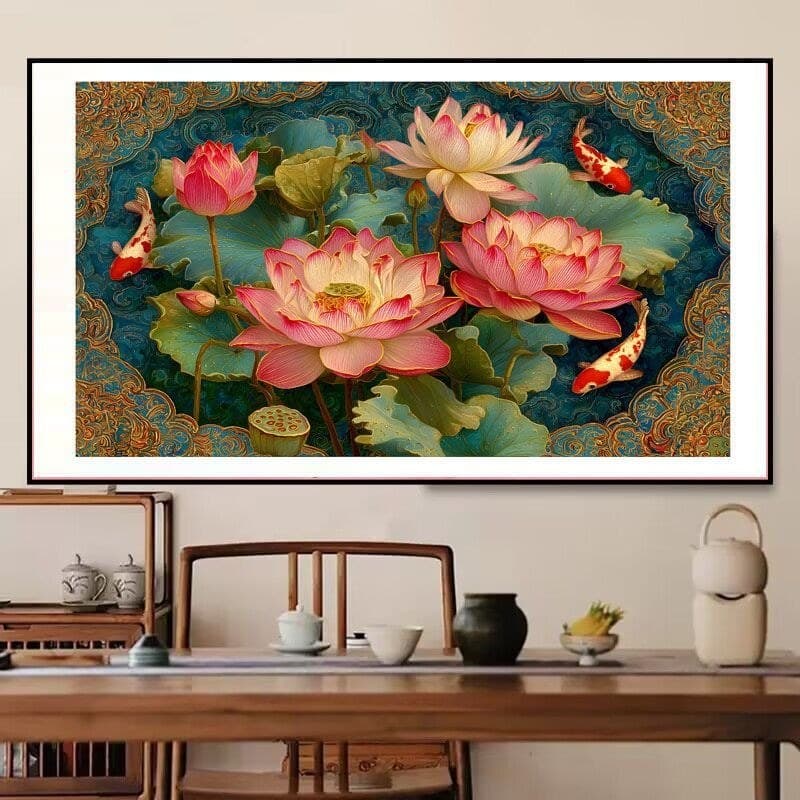 Original Copyright Kx ponto cruz 2025 linha de pintura bordado sala estar próprio bordado lótus lagoa luar 7.26