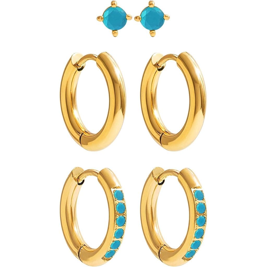 Conjunto de 3 Pares de Brincos Pequenos de Argola, Brincos de Coração Turquesa para Mulheres, Brincos de Cartilagem em A
