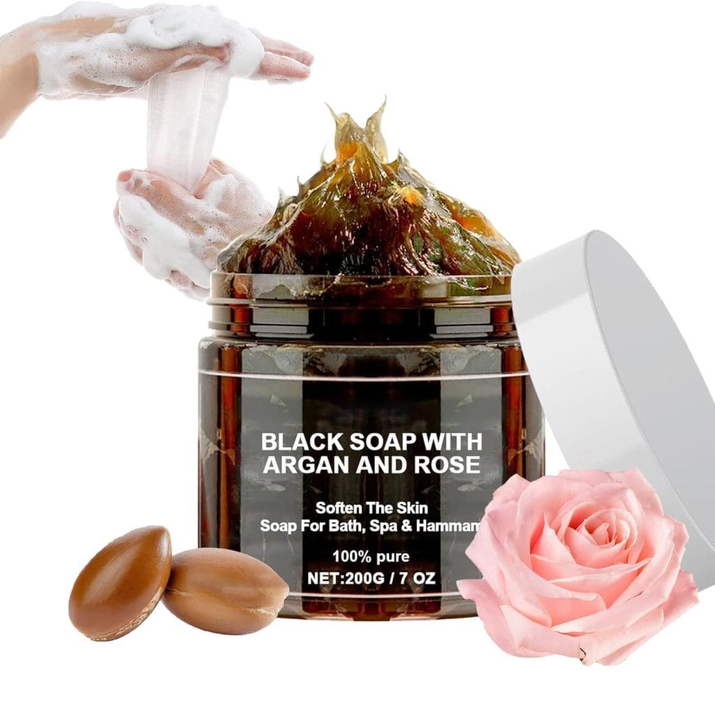 Sabonete Preto Marroquino com Argan e Rosa, Sabonete Esfoliante Marroquino para Hammam, Sabonetes Beldi Marroquinos, Sab