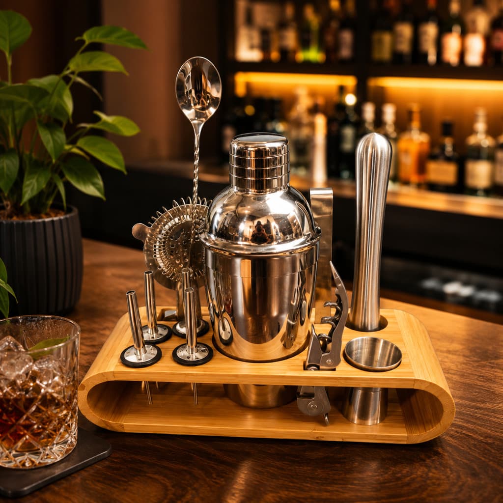 Coqueteleira Inox Completa Kit Drink Suporte de Bambu Abridor Macerador Pegador de Gelo