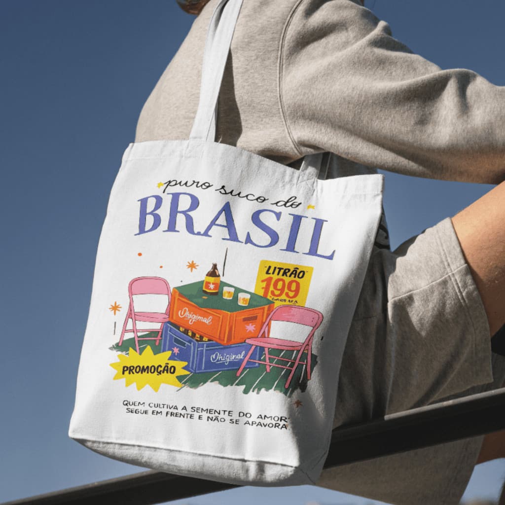 Bolsa Bag estampada Divertida "Puro Suco do brasil" Algodão Bolsa Reforçada Grande