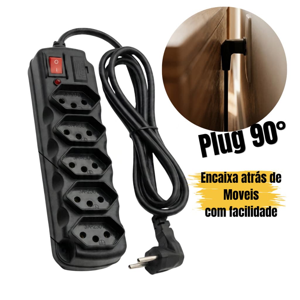 Extensão Régua Elétrica Bivolt 10A Com Fusível Filtro Plug 90°