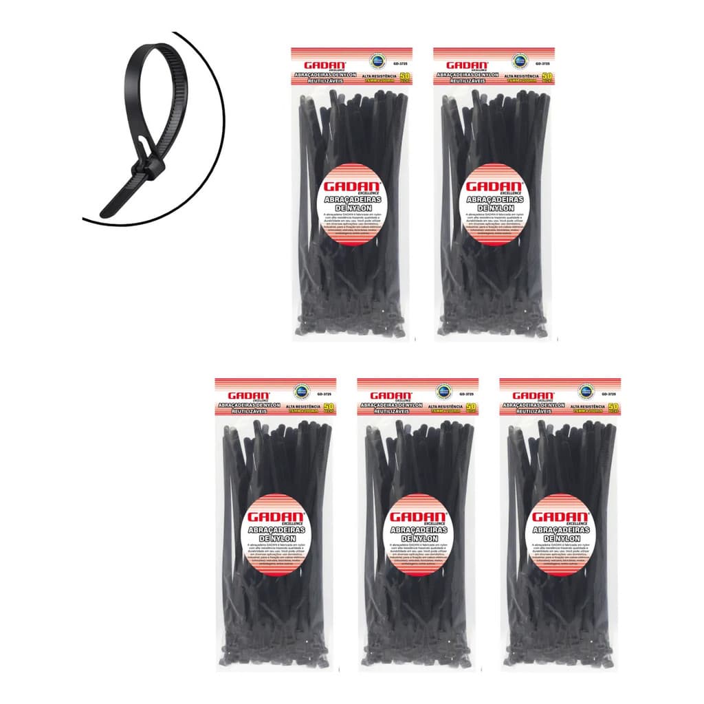 Kit 5 Pacotes Abracadeiras De Nylon 250 Uni 7,60x200mm Preto