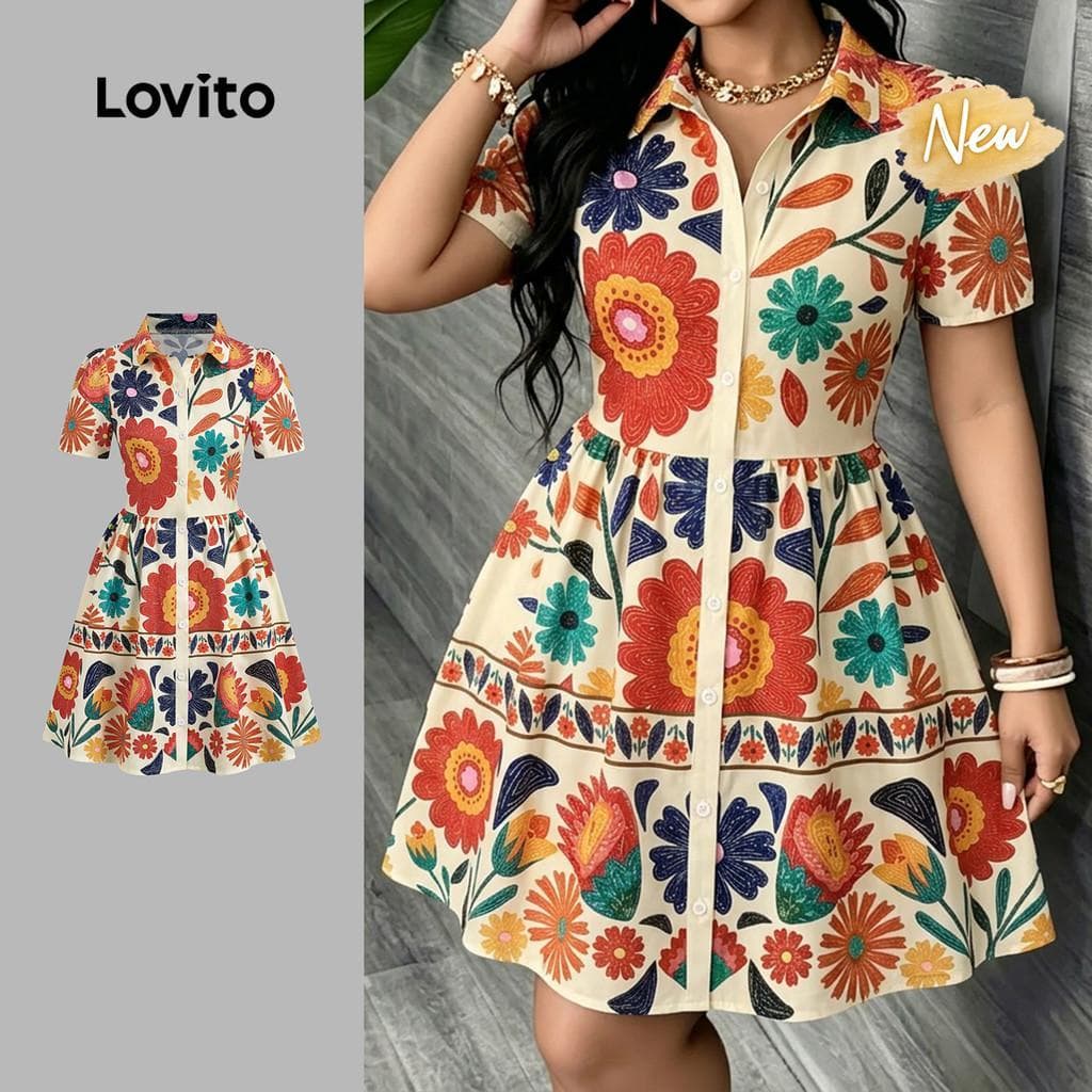 (New Arrival) Lovito Vestido Casual Feminino com Botão Frontal Estampado Primavera/Verão LK7AD081
