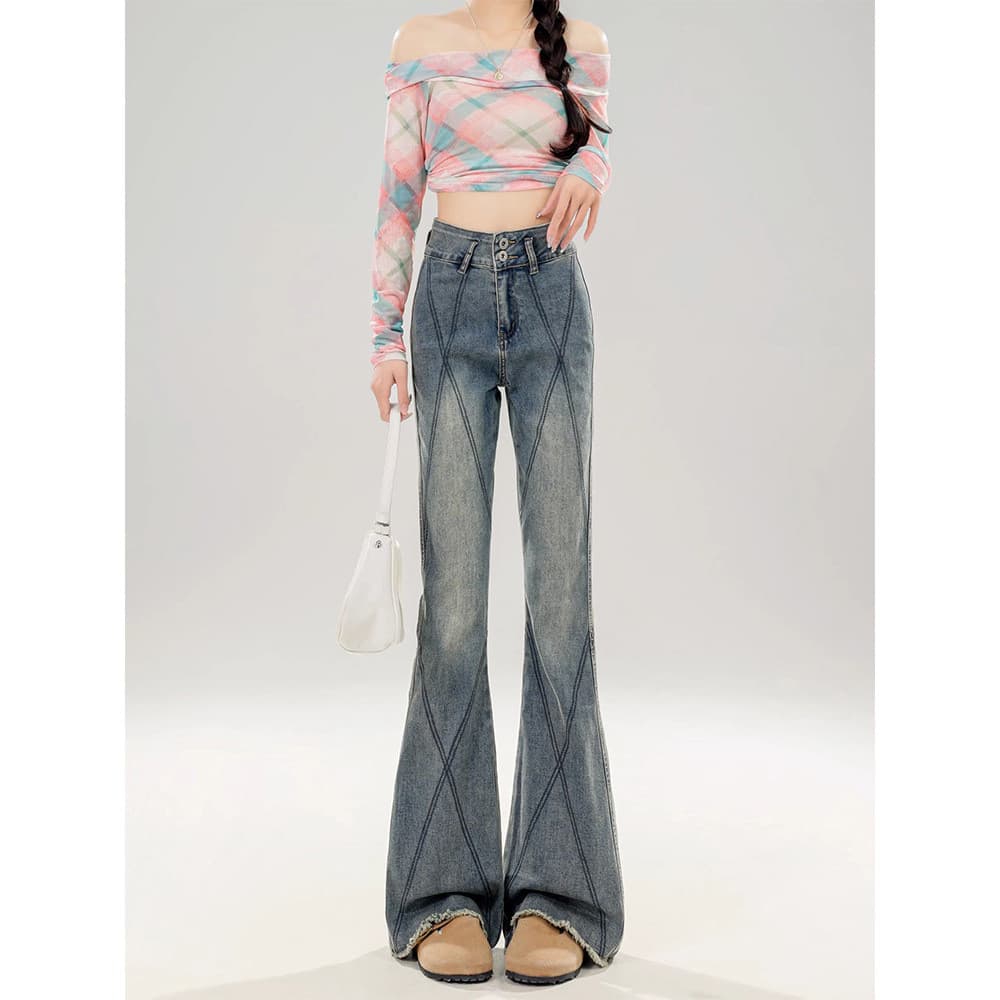 [Novos produtos] Primavera ligeiramente queimado Jeans feminino Design Retro americano sentir cintura alta mais magro ol