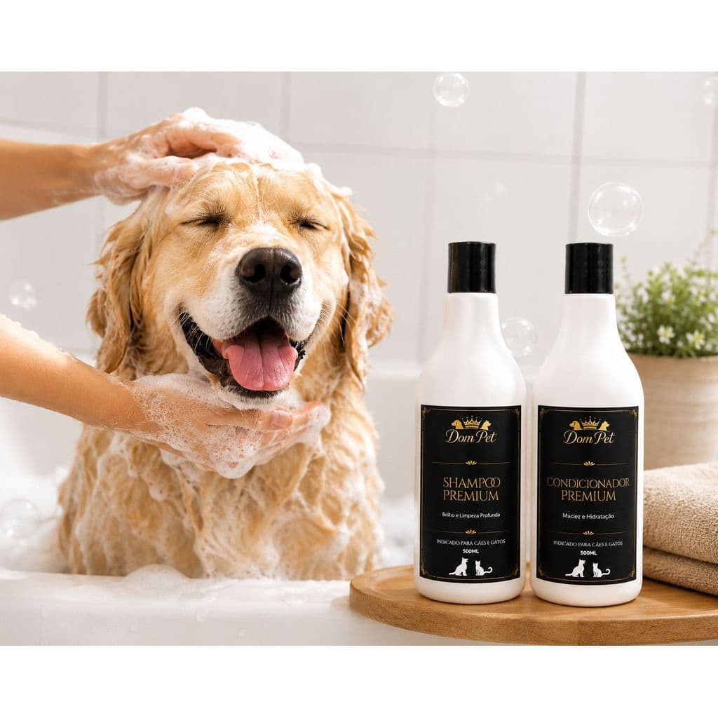 Shampoo Pet Premium 500ml + Condicionador Dom Pet Brilho Maciez Cães e Gatos
