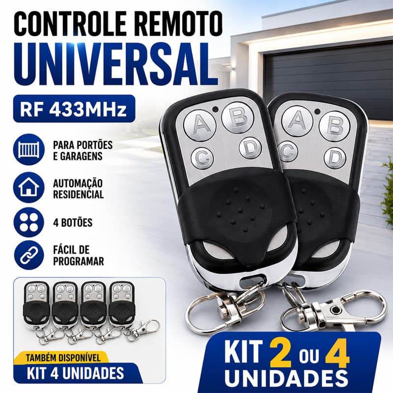 Kit 2/4  Controle Remoto Universal RF 433MHz 4 Botões para Portões Eletrônicos Garagem Automação Residencial