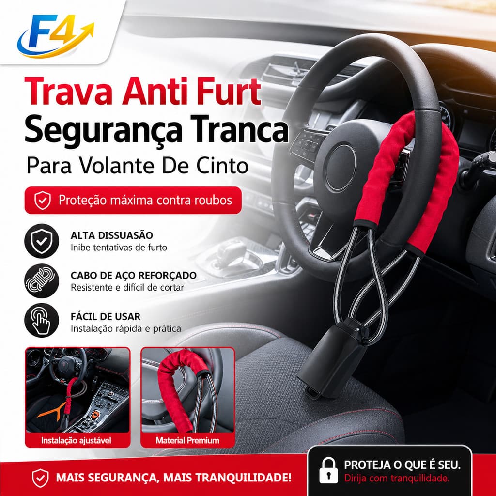 F4 Trava Anti Furto Para Volante Caminhão C/ Cinto Segurança