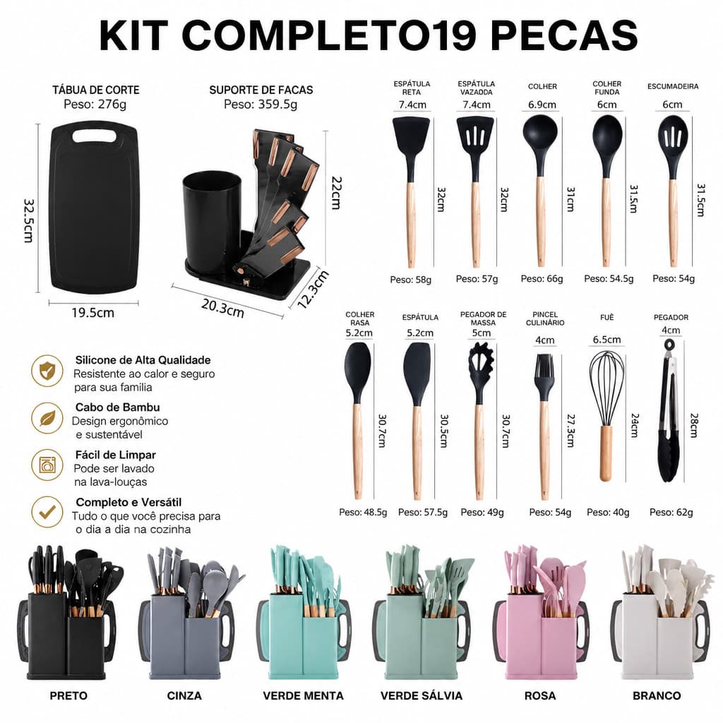 Kit Conjunto 19 Pçs De Utensílios Facas Silicone Cozinha Jogo Completo Batedeira Colher Pegador