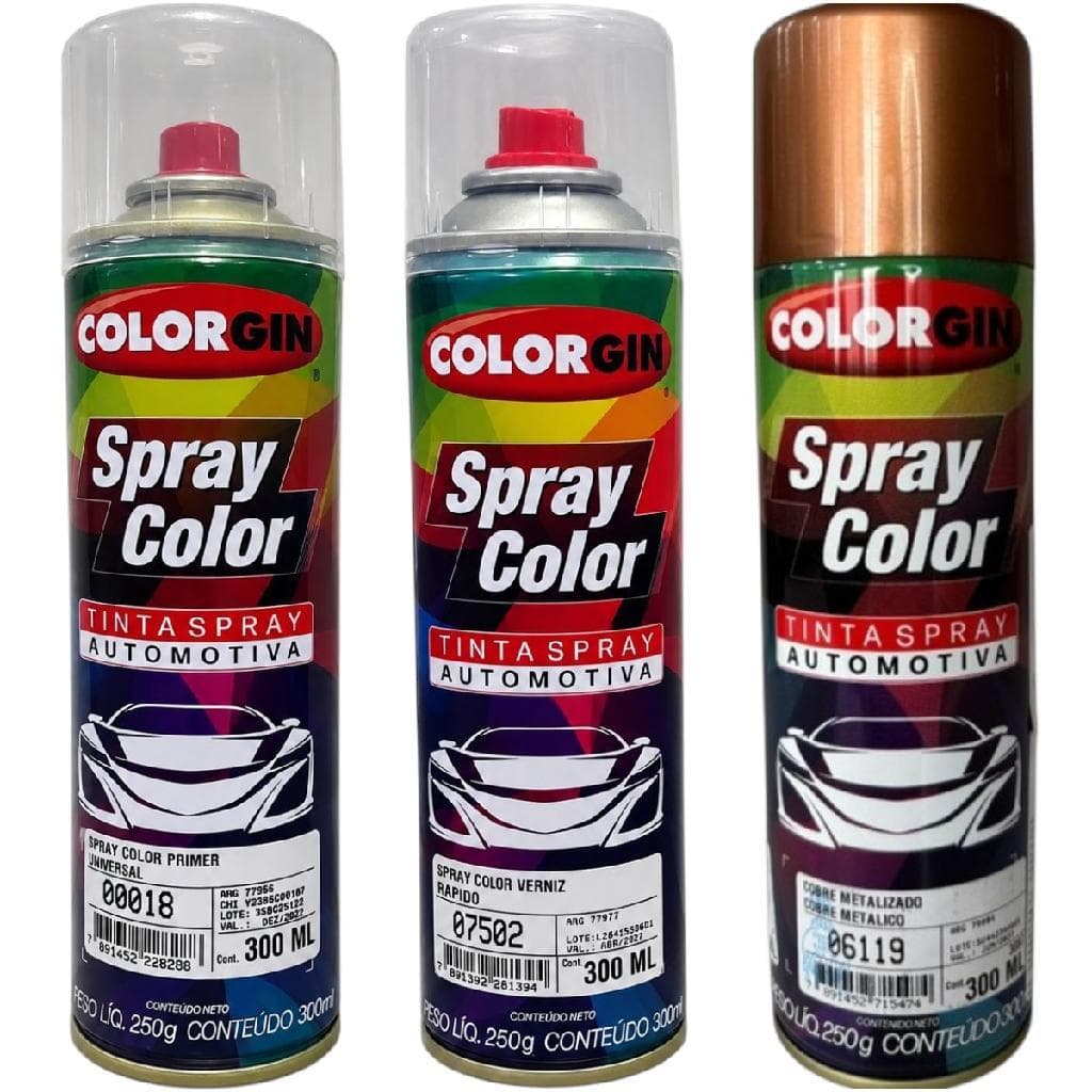 Kit Tinta Spray Automotiva Colorgin Cobre Metalizado 300ml + Primer Universal + Verniz Rápido
