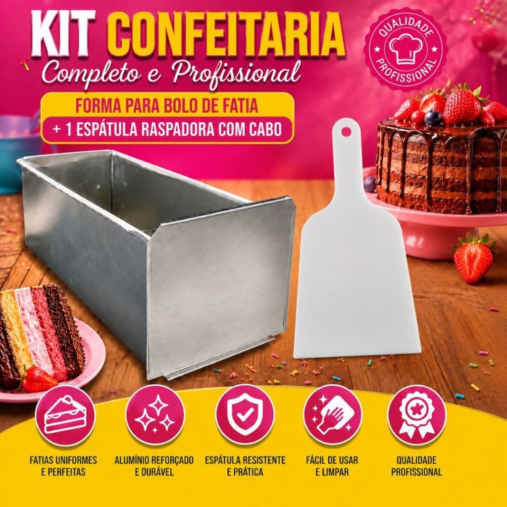 Kit Forma Frente Removível Para Bolo Fatia 30x10x10cm Em Aluminio Com Espátula Raspadora De Cabo