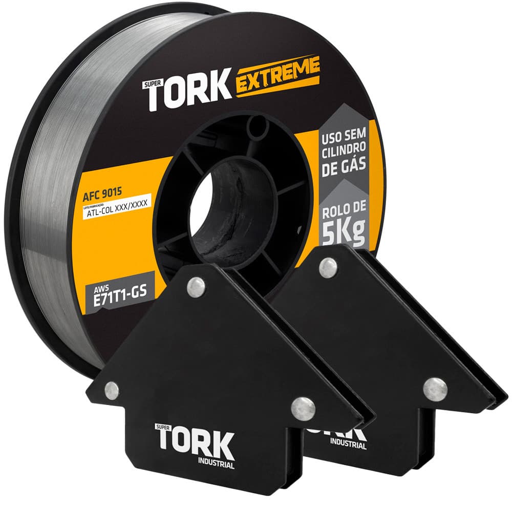 Kit Solda Super Tork arame Flux Core de 5kg 1mm com 2 Esquadros Magnéticos que Suportam 12kg Cada