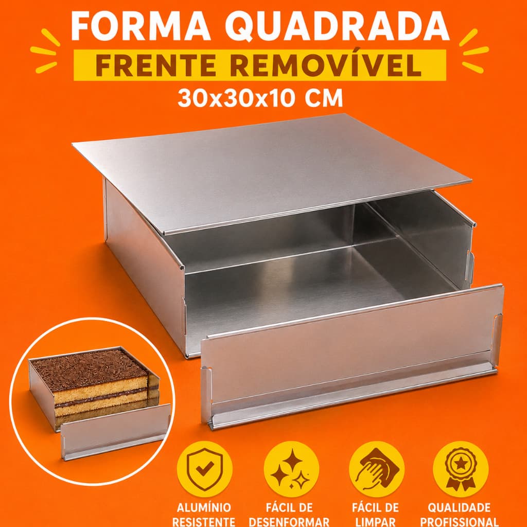 Forma Para Bolo Fatias Quadrada Em Alumínio Com Tampa Removível 30x30x10cm Bolos Tiramisu