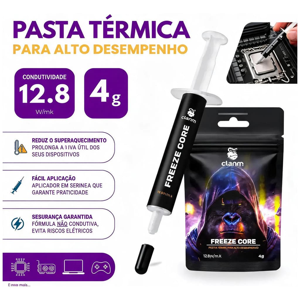 Pasta Térmica Freeze Core Cinza 4g 12.8 W/mk Alto Desempenho
