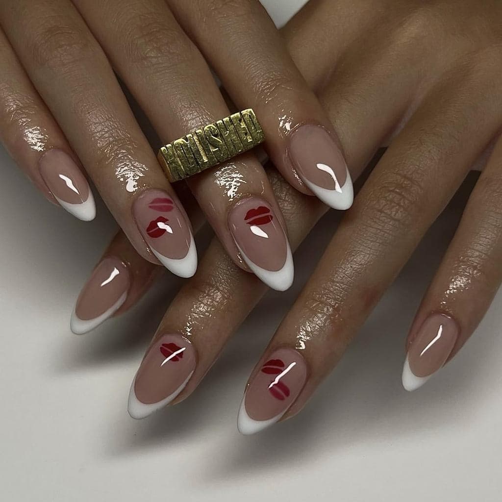 Unhas Postiças de Amêndoa Médias Brancas com Lábios Vermelhos, Unhas Acrílicas de Cobertura Total, Unhas Brilhantes com