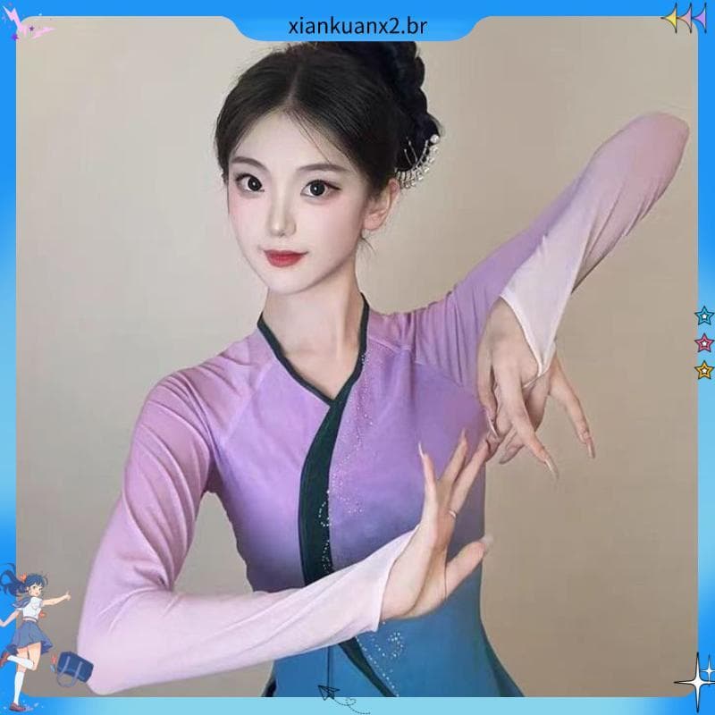 Dança clássica novo estilo dança elegante gaze corpo rima prática traje chinês étnico gradiente arte arqueológica topo