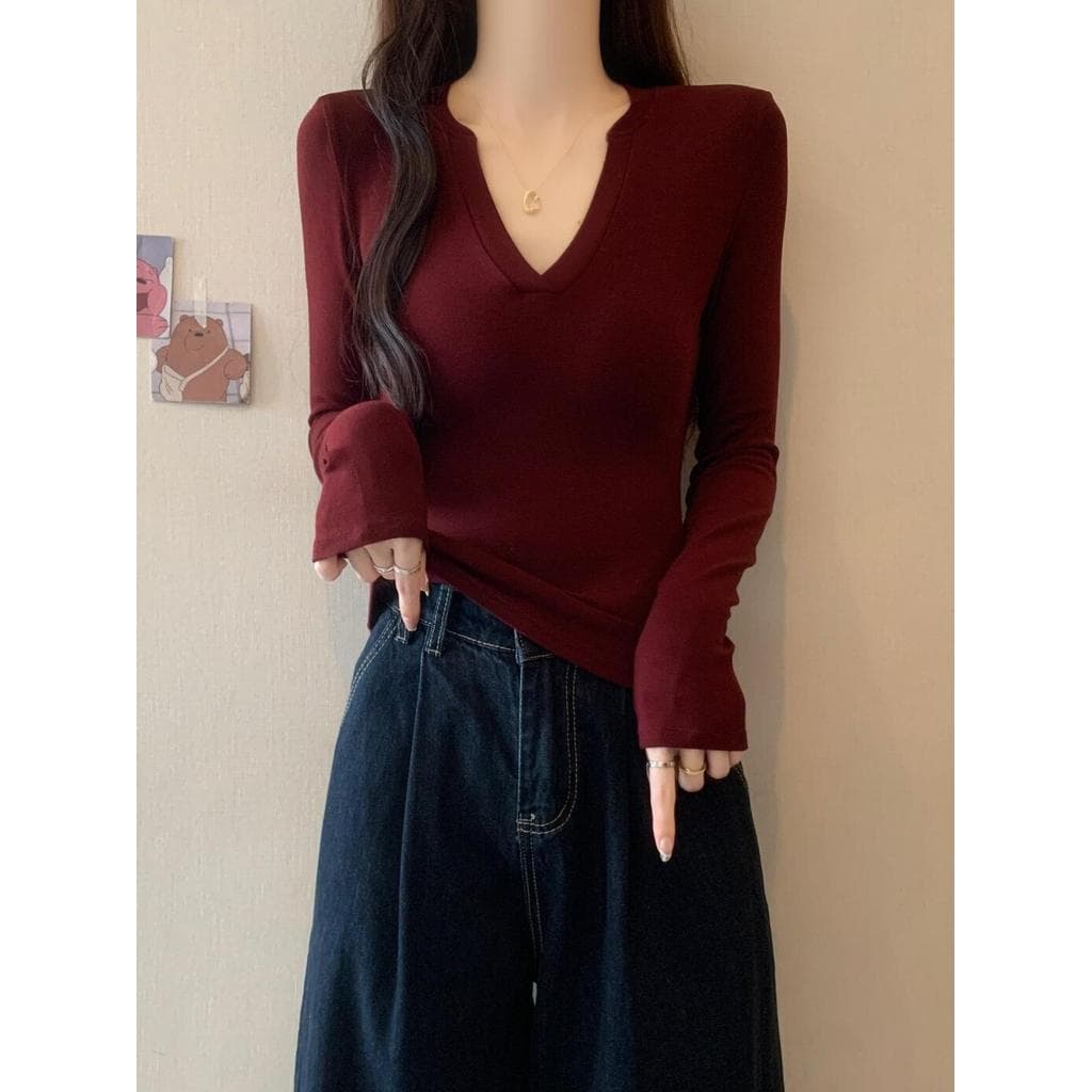 Angola vermelho com decote em V camiseta de manga comprida Plus Size roupas femininas gordura mm2026 outono inverno mais