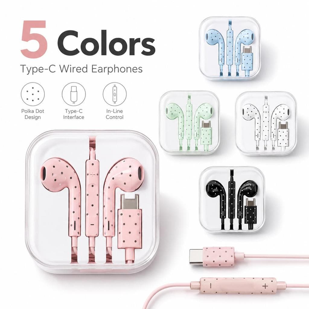 Fones De Ouvido Com Fio De Bolinhas Da Moda-Fone Semi-Intra-Auricular Plugue Tipo C-Cabo De Microfone Embutido De 1.2 M