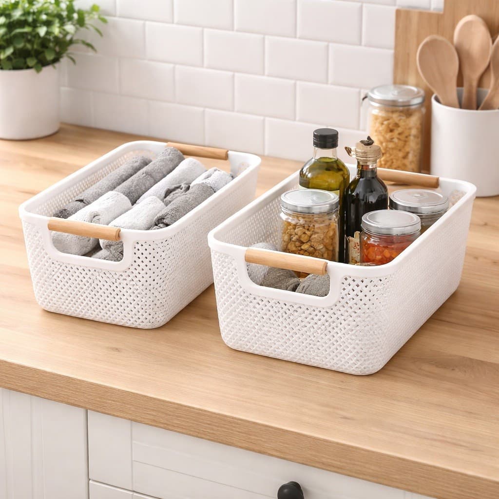 Conjunto 2 Cestos Decorativo Com Alça Madeira Bambu Kit Organizador Plástico para Armazenamento Caixa