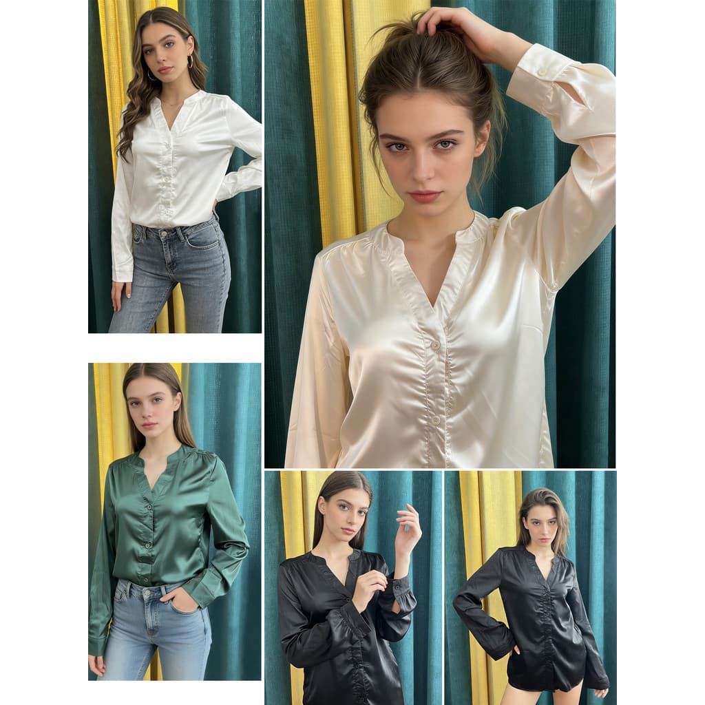 Blusa de comércio exterior com decote em V cetim manga comprida local de trabalho Commuter Slim Fit Formal