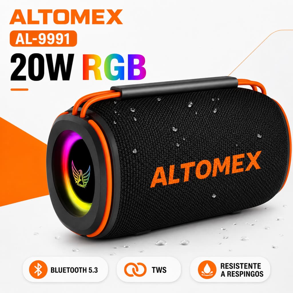 Caixa de Som Bluetooth Altomex AL-9991 20W RGB TWS à Prova d’Água FM USB TF AUX Recarregável