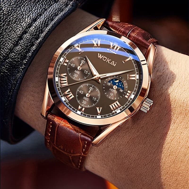 Relógio de Pulso Masculino TOOP Casual com Pulseira de Couro Sintético Marrom - Caixa de Liga, Display Analógico Aliment