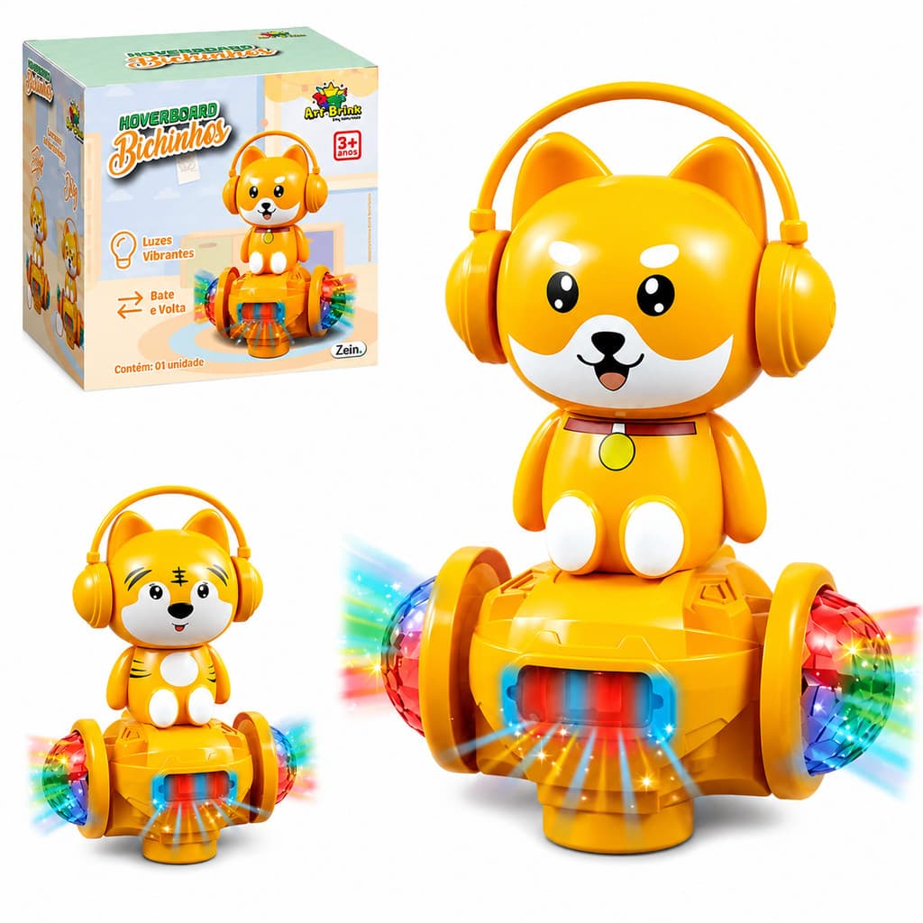 Boneco Bichinhos Cachorrinho e Tigre Hoverboard Giratória Andadora Bate e Volta Musica Luzes e Sons