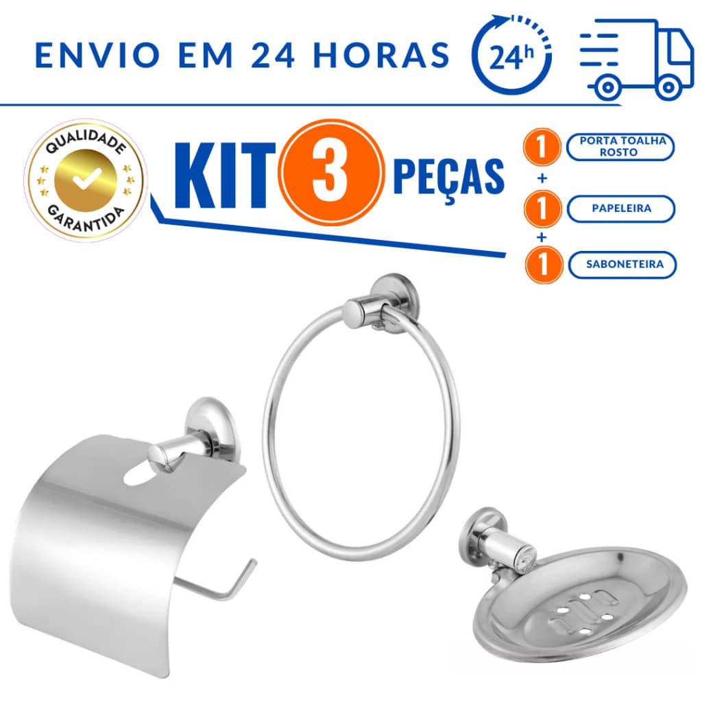 Kit Stander 3 Peças Pra Banheiro: Saboneteira em Inox Papeleira Com Tampa Porta Toalha Argola Rosto
