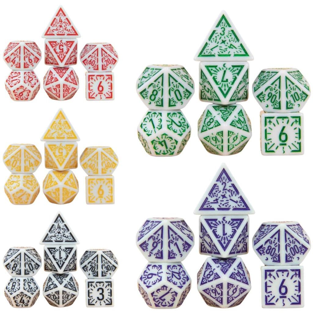 Kit 7 Dados RPG Poliedricos - Modelo Runas Vintage Brancos - 7 Peças D4 ao D20 Gravuras Dnd