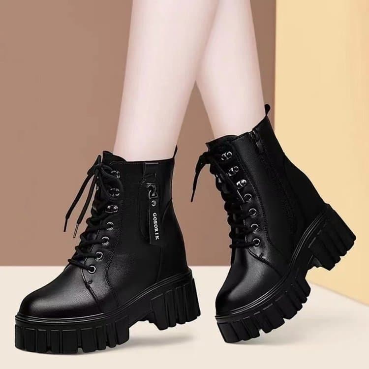 Botas Martin de couro macio femininas, botas curtas com forro de lã de sola grossa, botas femininas de estilo britânico
