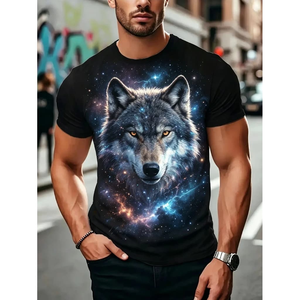 Camiseta Masculina 3D Lobo Padrão Verão Oversized Causal Gráfica Moda Manga Curta O-Pescoço Streetwear Roupas Masculinas