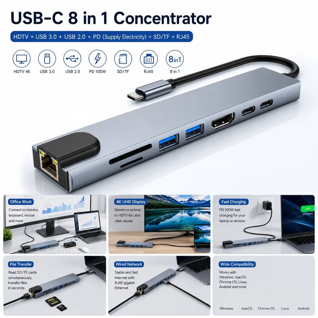 Estação de acoplamento tipo C 8 em 1 Adaptador multifuncional USB-C Interface de vídeo 4K Porta de rede 100Mbps PD100W C