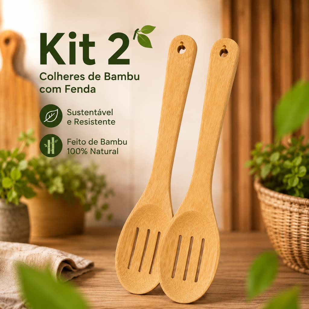 Kit 2 Colheres de Bambu com Fenda 30cm Colher de Pau Cozinha Antiaderente Utensílio Resistente
