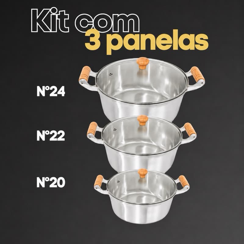 Jogo 3 Panelas médias 20/22/24 Alumínio Batido Fundido Grosso com Tampas de Vidro. Kit de panelas para sua cozinha