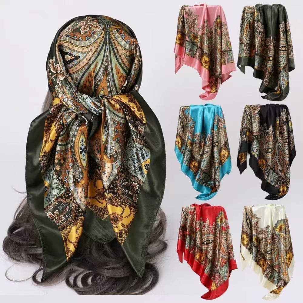 Lenço Feminino Seda Cetim Luxo 90x90 Estampa Paisley Boho Elementos Florais Retrô Vintage