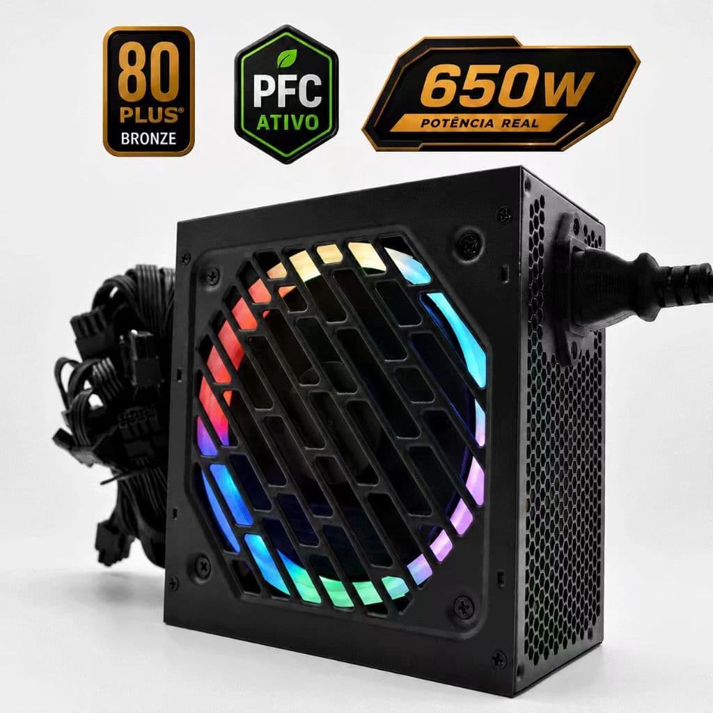 Fonte de alimentação de 650W certificação 80 Plus Bronze, com PFC e luz de respiração