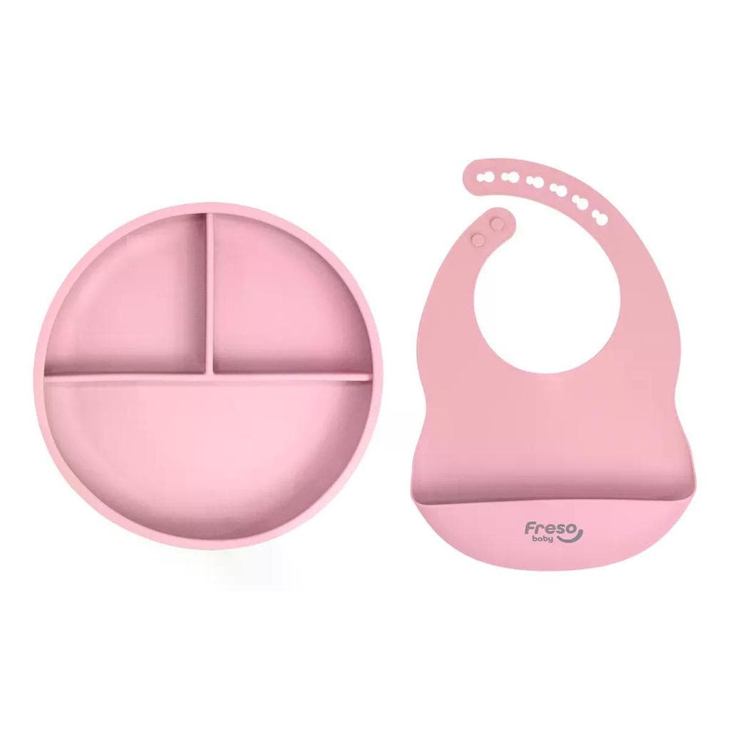 Kit Prato Com Divisórias E Babador Bolso De Silicone Freso Rosa