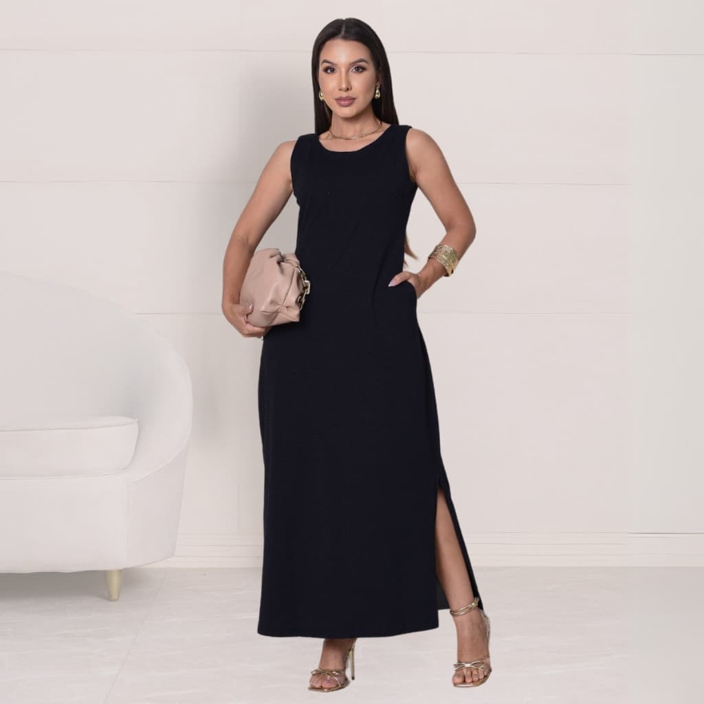 Vestido Longo Cavado Fenda Lateral Bolsos Algodão Longo Feminino